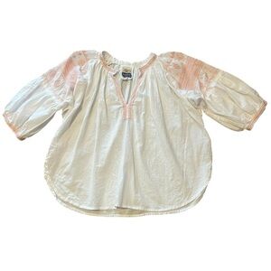 Alamwar handcrafted white cotton peasant blouse with pink embroidery boho